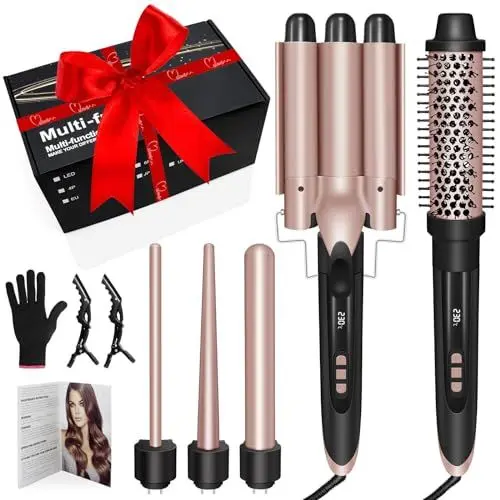Produktbild: Set Welleneisen - LockenstäBe 3 FäSser Welleneisen 5 In 1– Lockenstab Set 3 FäSser FüR GroßEr Wellen, Temperatureinstellung, Schnellaufheizung Und Einem Handschuh, 2 Clips, RoséGold