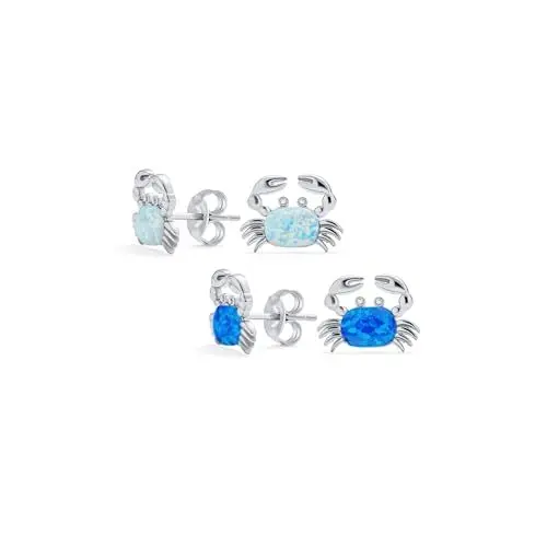 Produktbild: Set aus zwei kleinen tropischen Edelstein-Ohrringen mit nautischem Design, aus blau-weißem Opal und Strandsand-Krabben, für Frauen, aus .925 Sterlingsilber, Oktober-Geburtsstein.
