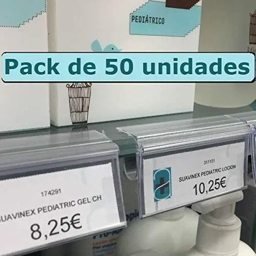 Produktbild: Set mit 50 Schreibtafeln für Glasböden, Preisschilder 30 x 65 mm, transparente Etiketten, Preisschilder, Regalhalter, Etikettenhalter