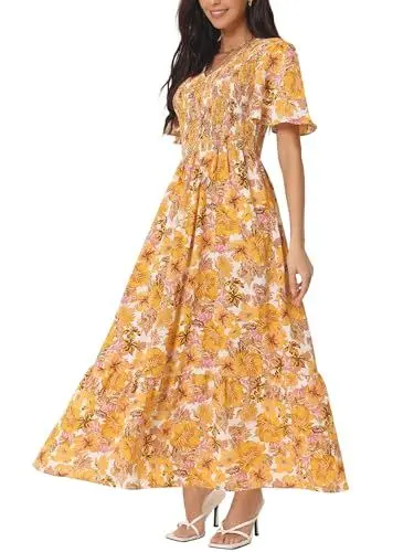 Produktbild: Seta T Damen Kleid Midikleid Blumenmuster Kurzen Flatterärmeln V-Ausschnitt Gesmokt Sommerkleid mit Taschen Gelb M