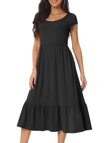 Produktbild: Seta T Damen Kurzarm Kleid Lässig Gestuft Rundhalsausschnitt Rüschen Kurz Flügelärmeln Knielang Kleider Schwarz M