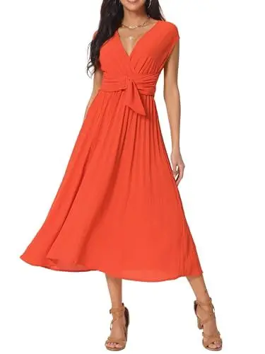 Produktbild: Seta T Damen Lässig Ärmellos Wickelkleid V-Ausschnitt Plissiert Rüschen Gürtel Sommer Midikleid Orange Rot M