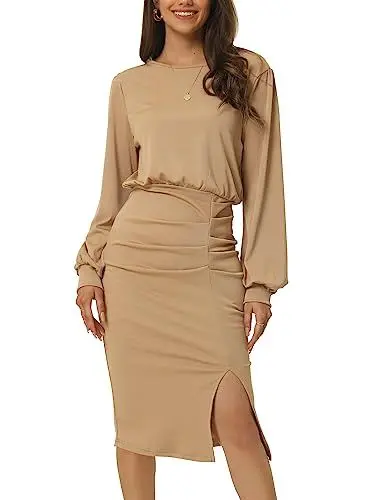 Produktbild: Seta T Damen Midikleid Gerüschten Seitenschlitzen Laternenärmeln Schmale Passform Gerippter Strick Figurbetont Kleid Aprikose M