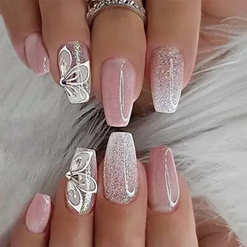 Produktbild: Sethexy Künstliche Nägel Ballerina Kurz Pastell Blumen Fingernägel Glitzer Falsche Nägel Glänzend Kunstnägel 24Stück Acryl Nägels zum Aufkleben für Frauen und Mädchen