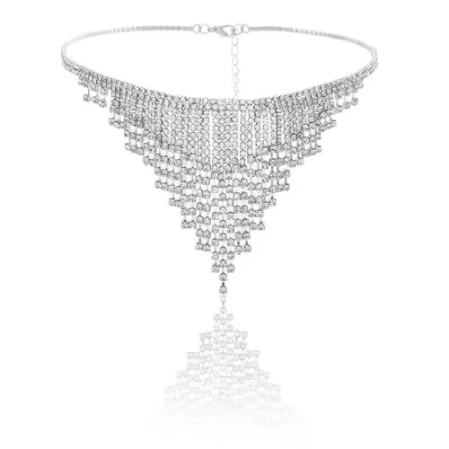 Produktbild: Sethexy Quaste Kristall Halskette Silber Funkelnd Strass Kollier Randbereich Hochzeit Nachtclub Halskette Schmuck Zubehör für Frauen und Mädchen