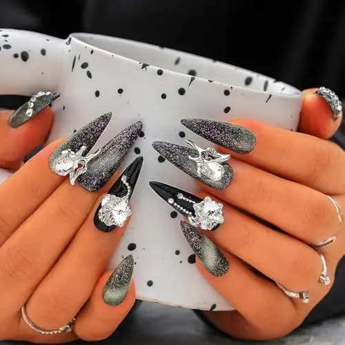 Produktbild: Sethexy Schwarz Handgemacht Press On Nägel Lange Stiletto Katzenauge Falsche Nägel Strassfarben Salon Acryl Falsche Nägel für Frauen und Mädchen 10PCS (Schwarz1)