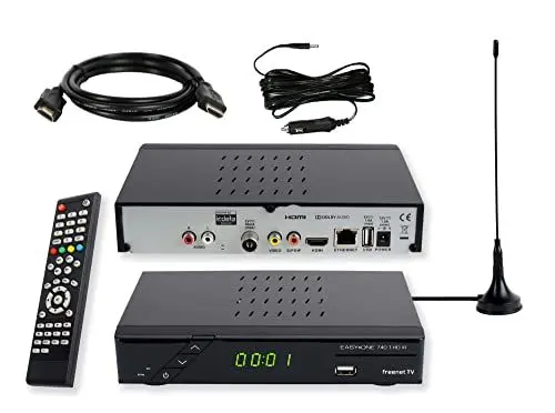 Produktbild: Set-ONE EasyOne 740 DVBT2 Receiver Bundle mit passiver DVBT2 Antenne, DVB-T2 Receiver mit Aufnahmefunktion und Dolby Digital Plus, 12V-Netzteil & Zigarettenanzünder-Kabel, Ideal für Camping