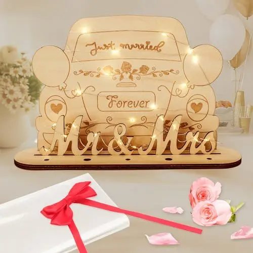 Produktbild: Seutgjie Geldgeschenke Zur Hochzeit, Personalisiertes Hochzeitsgeschenk Für Brautpaar mit LED Lichterkette Fliege und Geschenkpapier Holz Schild Gästebuch