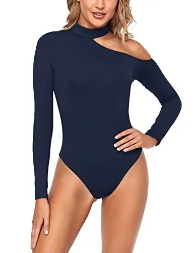 Produktbild: Sevego Damen Soft Mock Neck Off The Shoulder Body mit langärmeligen Elegant Bodysuit Langarm Stretch-Oberteilen Jumpsuit, Marineblau, S