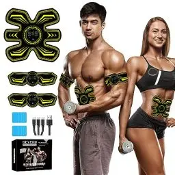 Produktbild: SEVEKO Bauchmuskeltrainer EMS Trainingsgerat, Bauchtrainer, Sicher Effektiv Schneller EMS Trainingsgerät Ganzkörper Muskeltrainer, 8 Modi und 15 Intensitäten, 10 Stück Ersatz-Hydrogels (Gelb)