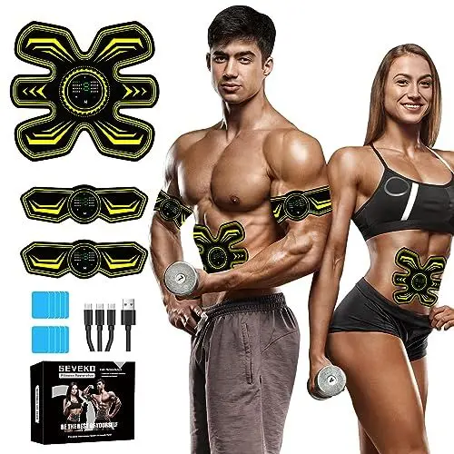 Produktbild: SEVEKO Bauchmuskeltrainer EMS Trainingsgerat, Bauchtrainer, Sicher Effektiv Schneller EMS Trainingsgerät Ganzkörper Muskeltrainer, 8 Modi und 15 Intensitäten, 10 Stück Ersatz-Hydrogels (Gelb)