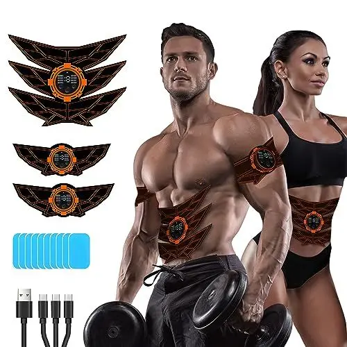 Produktbild: SEVEKO EMS Bauchmuskeltrainer Bauchtrainer, Bauchmuskeltrainer, Sicher Effektiv Schneller EMS Trainingsgerät, Ganzkörper-Muskeltrainer, 8 Modi und 15 Intensitäten, 10 Stück Ersatz-Hydrogels (Orange)