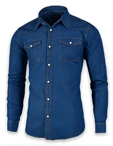 Produktbild: SEVEN EAGLE Herren Langarm-Denim-Hemd mit Zwei Taschen und Druckknöpfen… (L, Blau)