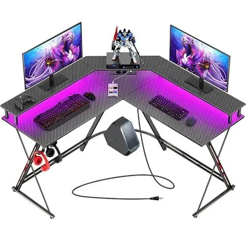Produktbild: SEVEN WARRIOR Gaming Tisch L Form, Gaming Schreibtisch mit Steckdose, LED, Monitorständer & 2 Haken, Eckschreibtisch mit Carbonfaser-Oberfläche, PC Computertisch für Schlafzimmer(127 x 127 cm)