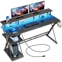 Produktbild: SEVEN WARRIOR Gaming Tisch mit LED & Steckdosen, 140 cm Computertisch mit Monitorständer & CPU Ständer, Schreibtisch mit 2 Haken & Fußstütze, perfekt für Schlafzimmer Büro, 140 x 47 x 87 cm