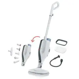 Produktbild: SEVERIN 2-in-1 Dampfreiniger mit Mehrzweck-Funktion & praktischem Kombi-Zubehör, für alle Hartböden und Teppiche, entfernt 99,9% Bakterien, nur 15 Sekunden Aufheizzeit, 9m Kabel, weiß/schwarz, SC 7145
