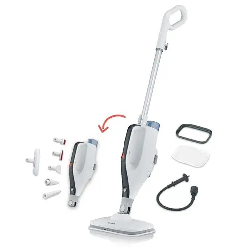 Produktbild: SEVERIN 2-in-1 Dampfreiniger mit Mehrzweck-Funktion & praktischem Kombi-Zubehör, für alle Hartböden und Teppiche, entfernt 99,9% Bakterien, nur 15 Sekunden Aufheizzeit, 9m Kabel, weiß/schwarz, SC 7145