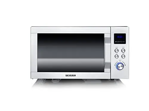 Produktbild: SEVERIN 3-in-1 Mikrowelle mit Grill und Ultra-Heißluftfunktion bis 230 C°, Grillen auf 2 Ebenen, flacher Glasboden statt Drehteller, XXL-Nutzfläche, leichte Reinigung, 25L, Edelstahl, MW 7777