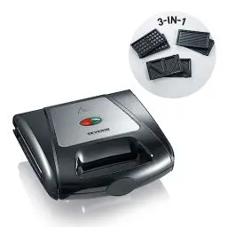 Produktbild: SEVERIN 3in1 Sandwichmaker-Toaster, auswechselbare Platten: Brüsseler-Waffeleisen, Grillplatten, Sandwich-Toasts, antihaftbeschichtet, 1.000 W, Edelstahl-gebürstet-schwarz, SA 2968
