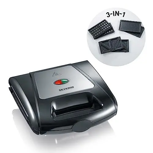 Produktbild: SEVERIN 3in1 Sandwichmaker-Toaster, auswechselbare Platten: Brüsseler-Waffeleisen, Grillplatten, Sandwich-Toasts, antihaftbeschichtet, 1.000 W, Edelstahl-gebürstet-schwarz, SA 2968