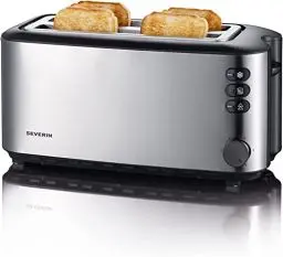 Produktbild: SEVERIN Automatik-Langschlitztoaster, Toaster mit Brötchenaufsatz, hochwertiger Edelstahl Toaster mit großen Röstkammern und 1400 W Leistung, Edelstahl-gebürstet/schwarz, AT 2509