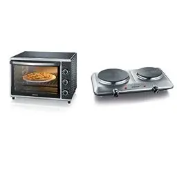 Produktbild: SEVERIN Back- und Toastofen mit Umluftfunktion, Mini Backofen mit Grillrost, Backblech, 1.800 W, schwarz, TO 2058 & Doppel Kochplatte für Küche, Büro oder Camping, Edelstahl, 2.500 W, KP 1014