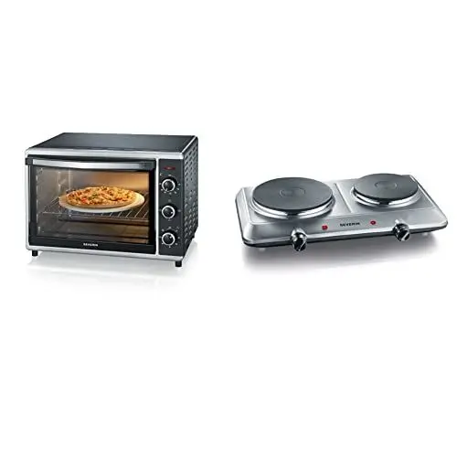 Produktbild: SEVERIN Back- und Toastofen mit Umluftfunktion, Mini Backofen mit Grillrost, Backblech, 1.800 W, schwarz, TO 2058 & Doppel Kochplatte für Küche, Büro oder Camping, Edelstahl, 2.500 W, KP 1014