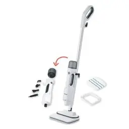 Produktbild: SEVERIN Dampfreiniger mit Mehrzweck-Zubehör, Allzweck- und Teppichreiniger für frische Teppiche und Hartböden, Fliesenreiniger zur schonenden Reinigung in Küche, Bad und mehr, weiß/schwarz, SC 7142