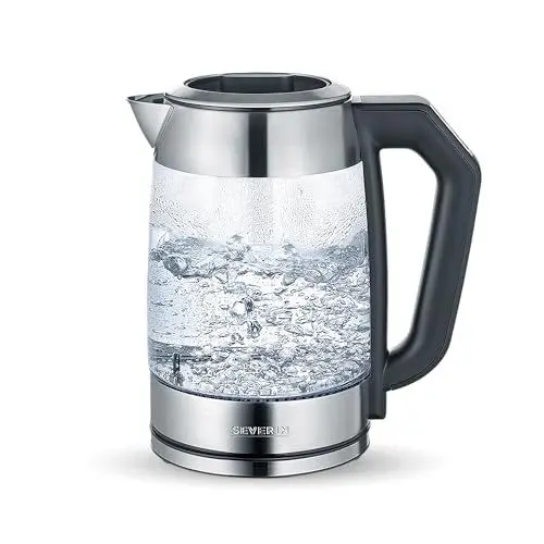 Produktbild: SEVERIN Glas Tee- und Wasserkocher, Teekocher mit einstellbarem Temperaturregler, Glas Wasserkocher mit Quick-Boil-Funktion, 2.200 W, Edelstahl / Schwarz, WK 3477