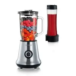 Produktbild: SEVERIN Multimixer, 2-in-1 Stand Mixer und Smoothie Maker mit 1 l Glas-Mixbehälter und Trinkbecher, Küchenmixer mit 2 Stufen und Pulse-Funktion, 500 W, Edelstahl/Schwarz, SM 3737