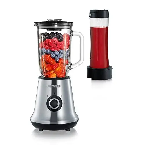 Produktbild: SEVERIN Multimixer, 2-in-1 Stand Mixer und Smoothie Maker mit 1 l Glas-Mixbehälter und Trinkbecher, Küchenmixer mit 2 Stufen und Pulse-Funktion, 500 W, Edelstahl/Schwarz, SM 3737