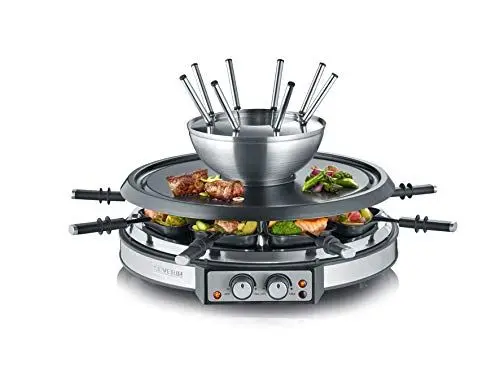 Produktbild: SEVERIN Raclette-Fondue-Kombination für 8 Personen, 1.900 W, zwei separat heizbare Elemente, spülmaschinengeeigneter Fondue-Topf, Edelstahl, schwarz, RG 2348