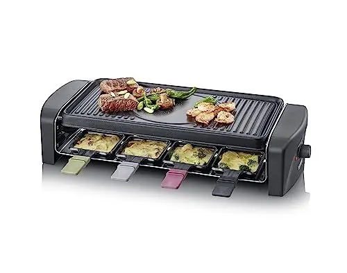 Produktbild: SEVERIN Raclette-Grill, Raclette mit großer antihaftbeschichteter Grillplatte und 8 Raclette Pfännchen, Tischgrill für bis zu 8 Personen, 1.400 W, schwarz, RG 9646