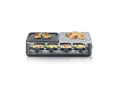 Produktbild: SEVERIN Raclette-Grill für 8 Personen, Naturgrillstein & antihaftbeschichtete-Grillplatte, Tischgrill mit extra tiefen Pfännchen, spülmaschinengeeignet, Black Line, RG 2366