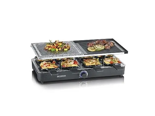 Produktbild: SEVERIN Raclette-Grill mit Naturgrillstein und Grillplatte, Raclette mit antihaftbeschichteter Grillplatte und 8 Pfännchen, Tischgrill für 8 Personen, max. 1300 W, schwarz, RG 2371
