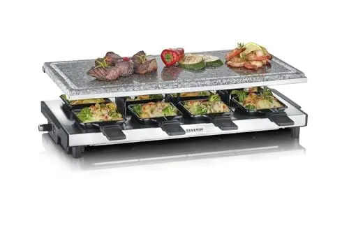 Produktbild: SEVERIN Raclette mit Naturgrillstein, elektrischer Tischgrill, Raclette für 8 Personen mit Grillplatte und 8 Pfännchen, Kunststoff/Edelstahl, schwarz, RG 2374
