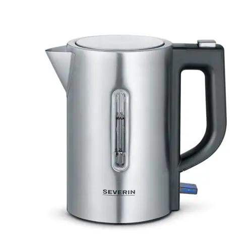 Produktbild: SEVERIN Reise-Wasserkocher-Set, Mini-Reisewasserkocher für 0,5 L, elektrischer Wasserkocher mit 2 Kunststofftassen & 2 Löffeln, Edelstahl-gebürstet/schwarz, WK 3647