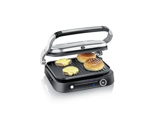 Produktbild: SEVERIN SEVINI PRO Kontaktgrill für Sandwiches, Steak und als Panini Grill, antihaftbeschichteter Sandwich Maker für fettfreies Grillen, mit 7 Automatikprogrammen, 1800 W, schwarz/silber, KG 2395