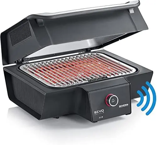 Produktbild: SEVERIN SEVO SMART CONTROL GT Elektrogrill mit App-Steuerung und Deckel, elektrischer Tischgrill, in 10 min bis 500°C, OLED-Display, für innen und außen, 3.000 W, Edelstahl/Schwarz, PG 8138