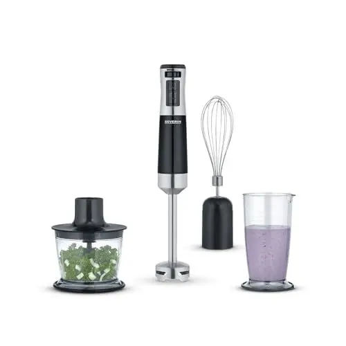 Produktbild: SEVERIN Stabmixer mit Zubehör-Set, Mixstab mit stufenloser Geschwindigkeitseinstellung, mit Pürierstab, Schneebesen, Multizerkleinerer und Mixbehälter, schwarz/Edelstahl-gebürstet, SM 3772