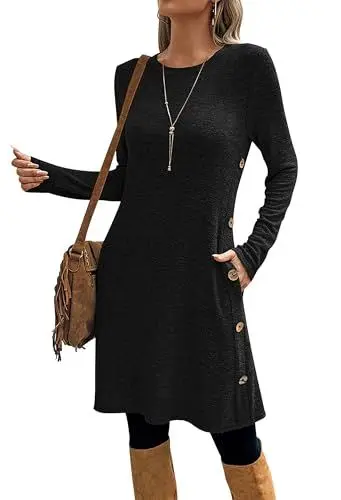 Produktbild: SEVETAT Damen Herbst Winter Elegant Strickkleid Tunika Kleid Casual Lose Pulloverkleid Blusenkleid Rundhals Langarm Leicht Jumper Kleider Freizeitkleid mit Taschen und Seite Knöpfen (L, Schwarz)