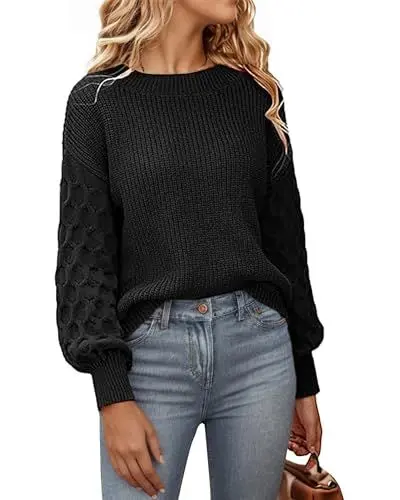 Produktbild: SEVETAT Pullover Damen Herbst Winter Elegant Rundhals Langarm Pulli Oberteil Einfarbig Grobstrick Jumper Sweater Casual Lose Strickpullover Sweatshirt（L, Schwarz）