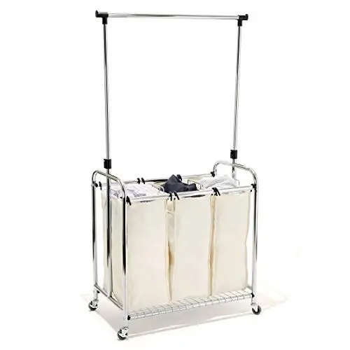 Produktbild: Seville Classics WEB153 Wäschesammler mit 3 Wäschesäcken und höhenverstellbarer Kleiderstange, Metall, Silber, 78 x 45.7 x 99 cm