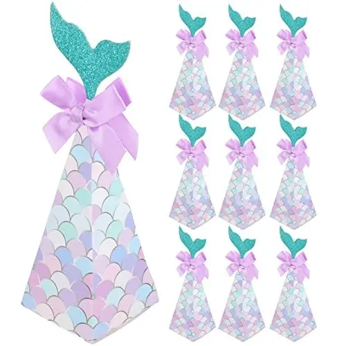 Produktbild: Sewroro 20 Stück Meerjungfrau-Partyboxen Gastgeschenke Hochzeit Süßigkeitenboxen Papier-Meerjungfrau-Geschenkboxen Mit Glitzerschwanz Und Lila Schleife Keksdosen Für