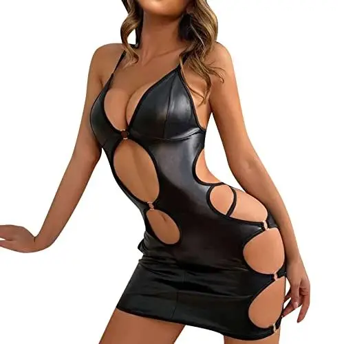 Produktbild: Sexy Dessous Damen für Sex Leder Dessous Frauen für Sex Sexy Leder Strapse Bodystocking mit Push Up Bh und Slip mit Strapse und Strümpfe Lingerie Dessous Reizwäsche Bodysuit Lack Dessous für Sex