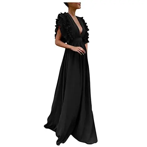 Produktbild: Sexy Kleid Damen Tiefer V-Ausschnitt mit Rüsche Partykleid Damen A Linie Maxikleid Unifarben Cocktailkleid Abendkleider Elegant für Hochzeit Ballkleider Lang Ballkleider Damen Lang Schwarz XL