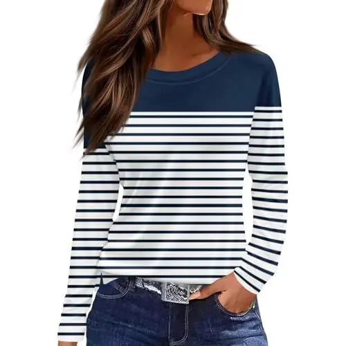 Produktbild: Sexy Tops Damen, Damen Langarmshirt Baumwolle Longsleeve Gebetskleidung für Frauen T Shirt Langarm Pullover Langarmshirts Weiß Baseball Blau S