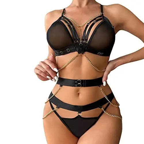 Produktbild: Sexy UnterwäSche Set Dessous Kleid Damen Sexy Damen Mesh Metallkette Nachtclub Spicy Girls Sexy Unterwäsche Fun Set Dessous+UnterwäSche+Damen+Sexy Satin Rock Damen (Black, S)