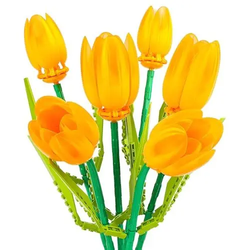 Produktbild: Seyaom Blumenstrauß Bauspielzeug Set, Tulpen Bausteine Blumen Set, Botanische Sammlung Blumen Bausteine Set für Erwachsene, Kreative Geschenke für Frauen, Mädchen, Orange