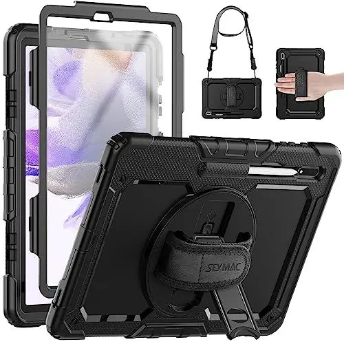 Produktbild: SEYMAC Hülle für Samsung Galaxy Tab S7 FE 2021/S8 Plus 2022/S7 Plus 2020 12,4 Zoll, Stoßfest Hülle mit Displayschutzfolie, Drehbarem Ständer/Handschlaufe, Schultergurt, Pen Halter, Schwarz
